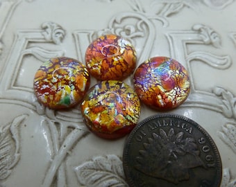 4 Vintage West German 13mm Round by 6mm high ORANGE/RED Opal Dragon's Breath Stones Glass Jewels C48