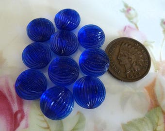 6 Vintage Royal Blue Puffy Round Ridged Glass 11mm Cabs Cabochons C29