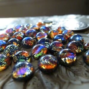 8 Vintage West German Approx 7mm Round by 4mm high Dragon&#39;s Breath Stones Black Opal Glass Jewels C48
