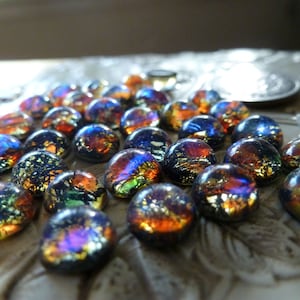 8 Vintage West German Approx 7mm Round by 4mm high Dragon's Breath Stones Black Opal Glass Jewels C48