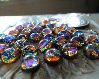 8 Vintage West German Approx 7mm Round by 4mm high Dragon's Breath Stones Black Opal Glass Jewels C48