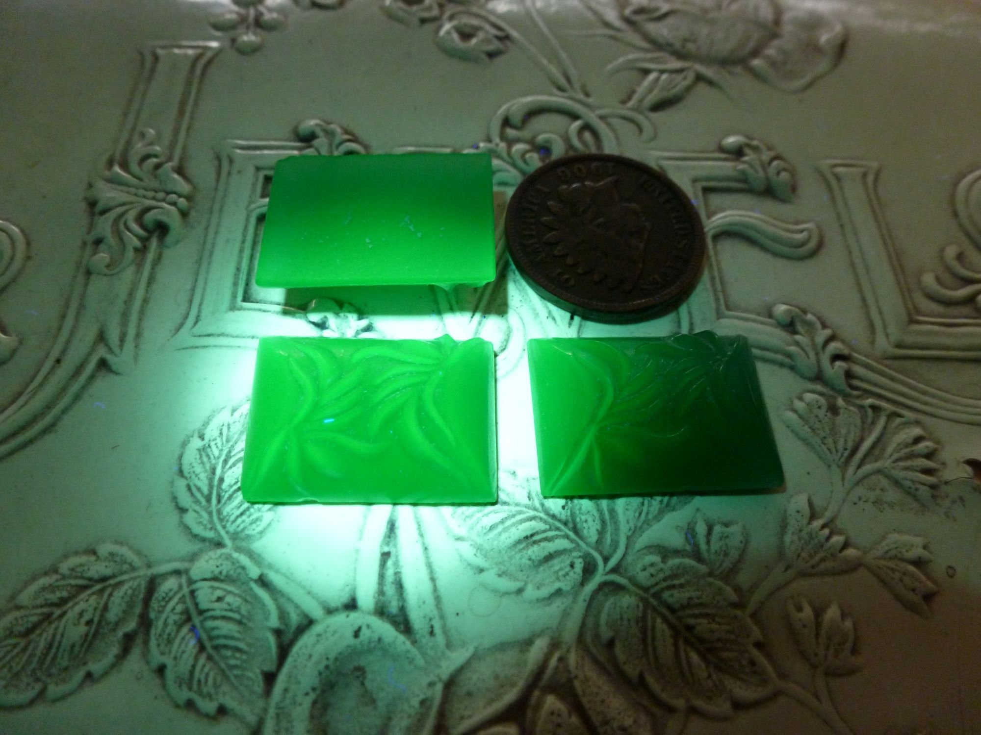 2 Rectangular Chrysophase Green UV Glass Relief Flower Cabs, 20x14x5.5mm Thick, Japanese or Czech Flower Cab, Cameos C44