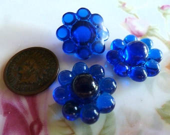 2 RARE Vintage Deep Blue Flower Shaped Glass Stones, 1920s Gablonz, 18mm by 8.5mm Thick, C2