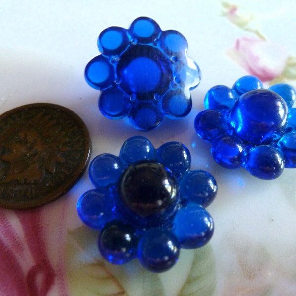 2 RARE Vintage Deep Blue Flower Shaped Glass Stones, 1920s Gablonz, 18mm by 8.5mm Thick, C2