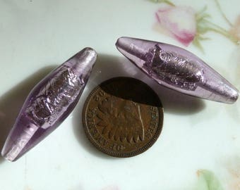 1 Gorgeous VINTAGE Purple, Amethyst, w/Silver Foil, German Art Glass BEAD, 30x10mm thick, C37