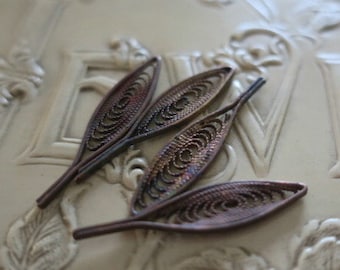 4 Vintage Filigree Connector Drops, 1940s, Raw Unplated Brass Jewelry Findings, 29x7mm, 4 pieces (C40)