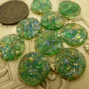 2 Amazing RARE Vintage Green Relief Rose Flower, Foil Dragon's Breath Blue Flash Glass Cab Cabochons, approx 12.8 mm in Diameter C49 image 6