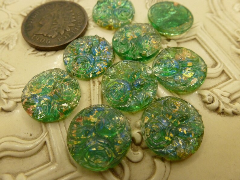 2 Amazing RARE Vintage Green Relief Rose Flower, Foil Dragon's Breath Blue Flash Glass Cab Cabochons, approx 12.8 mm in Diameter C49 image 6