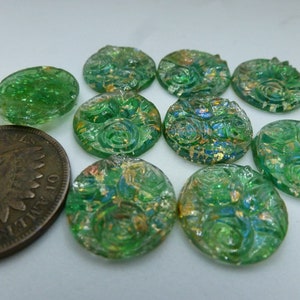 2 Amazing RARE Vintage Green Relief Rose Flower, Foil Dragon's Breath Blue Flash Glass Cab Cabochons, approx 12.8 mm in Diameter C49 image 2