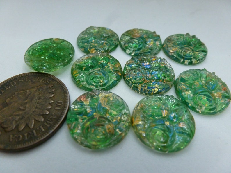 2 Amazing RARE Vintage Green Relief Rose Flower, Foil Dragon's Breath Blue Flash Glass Cab Cabochons, approx 12.8 mm in Diameter C49 image 2