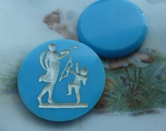 1 Vintage Powder Blue / White Enameled Glass Intaglio Goddess Venus & Cupid Cameo C22