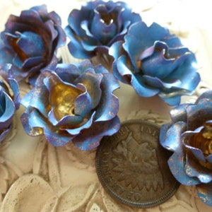 Vintage Japan 3 D Riveted Dimensional Blue Purple Floral Flower Jewelry Finding, Raw Unplated Brass 22.5mm dia x 12mm tall, 2 pcs. C24