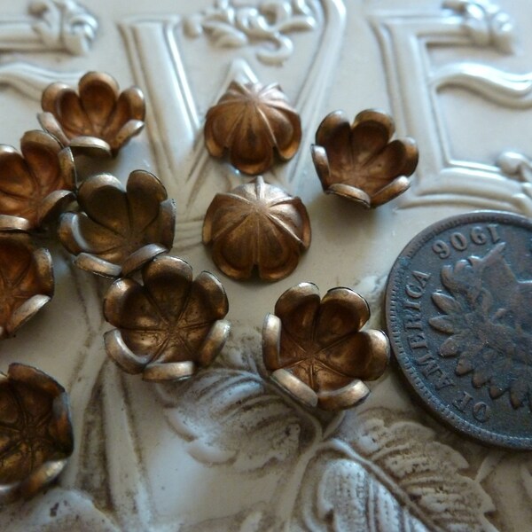 3 Vintage Adorable Layered Riveted Center Hole Brass Flowers or Bead Caps 13mm wide x approx 7.5mm high C1