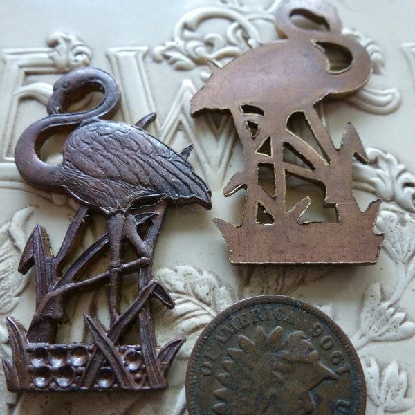 2 Vintage Brass Finding, Heavy Cast Heron or Flamingo Stampings, Dark Aged Unplated Cast Brass, 42 x 24mm wide, 2 pcs C18A