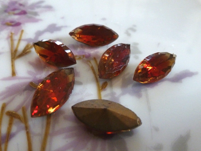 6 Vintage Rare Scalloped Givre approx 15 x 7mm Navette Topaz/Red Faceted Scalloped Edge German Stones Jewels C39 image 3