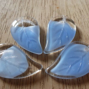 2 Large Vintage Givre Blue Clear Glass Leaf Beads Pendants C29