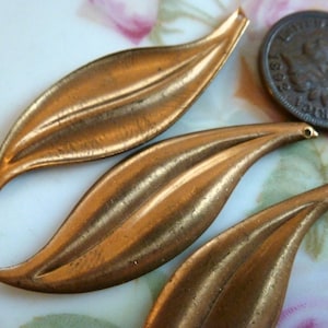 Vintage Leaf Stampings, 1980s Curved Brass Leaves, Dapped Unplated Jewelry Findings, Top Drilled, 42x13mm, 6 pcs. (C12)