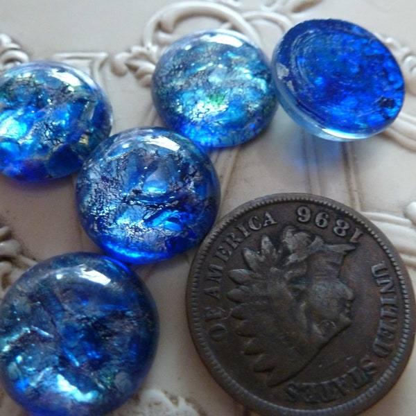 2 Round Blue Opal Foil Art Glass Dragon's Breath Flash 13mm Cab Stones C7