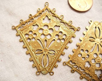 Vintage Filigree Stamping, 1950s Miriam Haskell Large Bohemian Floral Raw Unplated Brass Drop or Pendant Jewelry Finding, 50x48mm, 1 piece