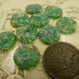 2 Amazing RARE Vintage Green Relief Rose Flower, Foil Dragon's Breath Blue Flash Glass Cab Cabochons, approx 12.8 mm in Diameter C49 image 3