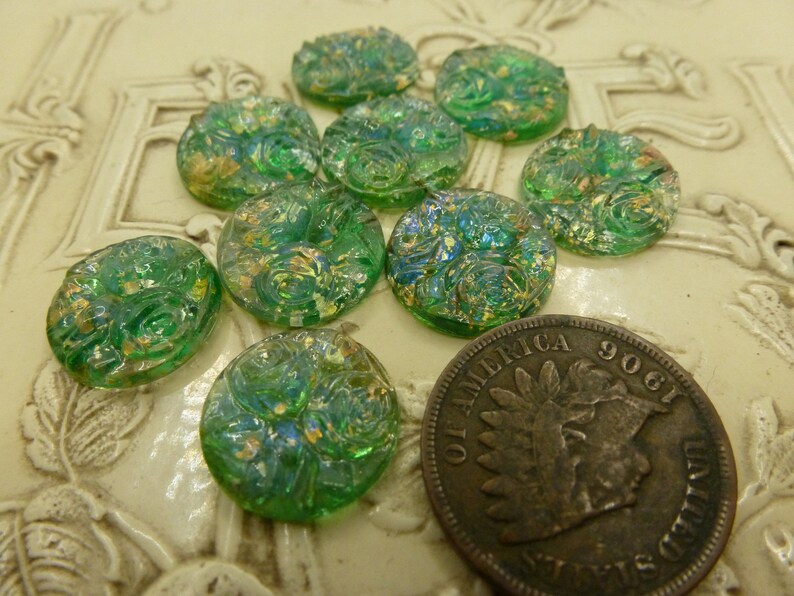 2 Amazing RARE Vintage Green Relief Rose Flower, Foil Dragon's Breath Blue Flash Glass Cab Cabochons, approx 12.8 mm in Diameter C49 image 3