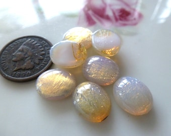 2 Golden Gold Fire Opal Foil Art Glass Gold Flash 12x10mm Cab Stones C2