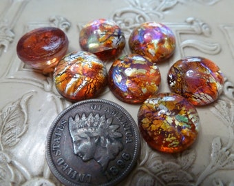 2 Round Red Opal Foil Art Glass Dragon's Breath Flash 13mm Cab Stones C7