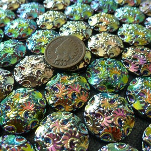 1 RARE 1950s Vintage Muted or Colorful Iridescent CARNIVAL W. German Glass Cabochon, apprx 18.5mm, Round Flower Floral Cab AntqBin