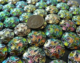 1 RARE 1950s Vintage Muted or Colorful Iridescent W. German Glass Cabochon, approx 18.5mm, Round Flower Floral Cab AntqBin