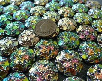 1 RARE 1950s Vintage Muted or Colorful Iridescent CARNIVAL W. German Glass Cabochon, apprx 18.5mm, Round Flower Floral Cab AntqBin