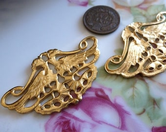 1 Vintage Double Phoenix Mythical Bird Gold Plated or Matte Silver Tone Stamping Finding C20