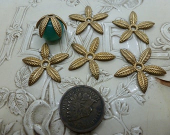 4 Vintage Brass Leaf Wraps or Long Arm Bead Caps, 16.25mm in diameter, C52