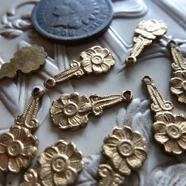 12 Vintage Small Flower Drops, Charms Raw Unplated Solid Die Cast Brass, Jewelry Findings,  approx 14.5 x 6.5mm, 12 pieces C52