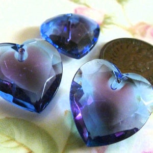2 Vintage 1940s Sapphire/Amethyst Sabrina, Two Tone, Bi Color Glass Heart Pendants, Heart Drop, Top Drilled, Flat Surface, 18x17mm, 2 pieces