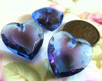 2 Vintage 1940s Sapphire/Amethyst Sabrina, Two Tone, Bi Color Glass Heart Pendants, Heart Drop, Top Drilled, Flat Surface, 18x17mm, 2 pieces