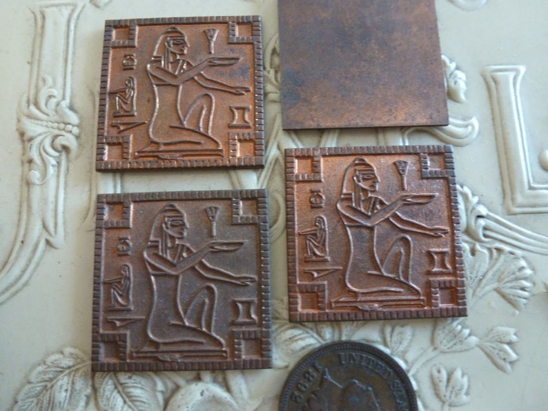 Rare Haskell Finding: 1950s Egyptian Revival Sphinx, Pharaoh Stamping, Cast Ginger Brass, 25 x 25mm, 1 pc HaskellBin image 1