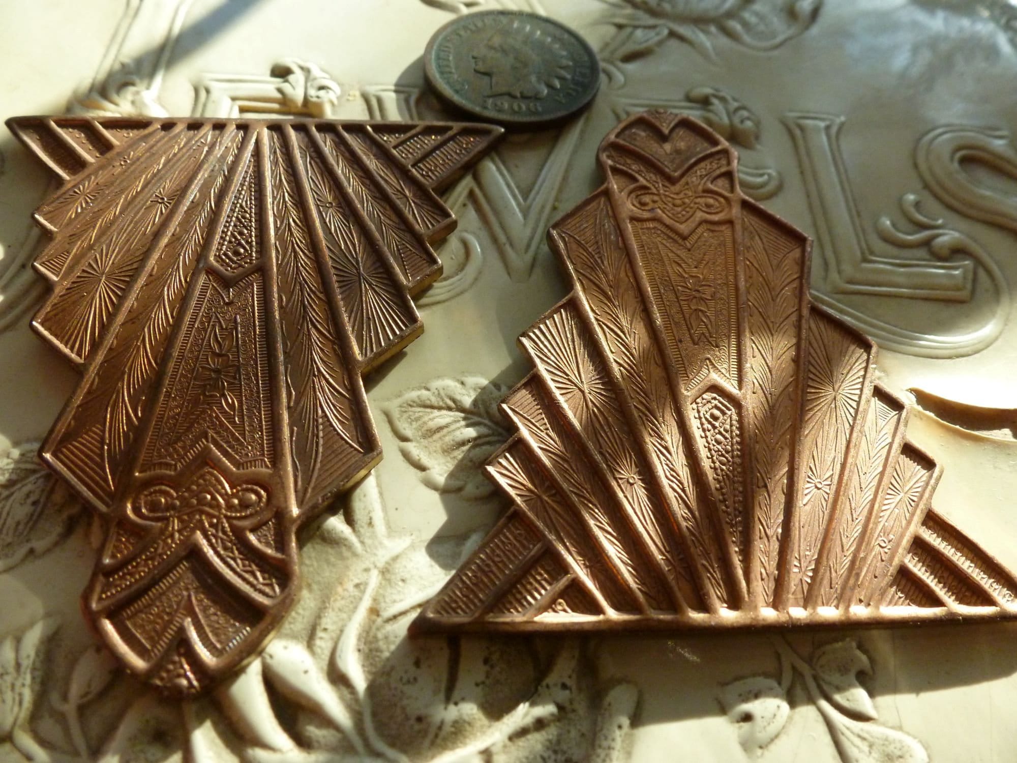 1 Vintage Deco 1930s Unplated Raw Die Struck Copper Tone Brass, Guilloche Design, 51.6 x 48mmn wide 1 pc C52