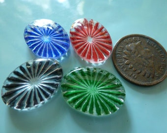 2 Vintage Clear Glass in Blue Black Green or Red Enamel Paint, Sunray Design 18x 13mm C41