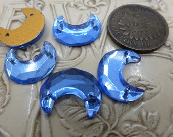 4 Vintage Sapphire Crescent Moon Sew On Cabs, Cabochon Sew Ons, Flat Back Gold Foil, approx 15 x 11.5mm, W. Germany C50