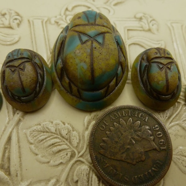 1 SET Scarabs, Glass Scarab Stone or Cabs, 1 of 30x22 and 2 EACH of 18x13 and 10x7.25mm AntqBin