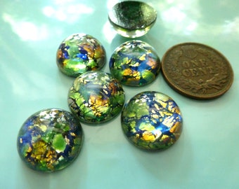 2 Round Earthy Green and Tan w/Silver Foil Dragon's Breath Flash, Czech Art Glass Cab Jewels, 14mm in Diameter by 5.25mm thick C37