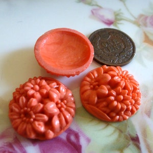 2 Round Coral or Carnelian Color Japan Glass Flower Relief Cab, 19 to 20mm  C3