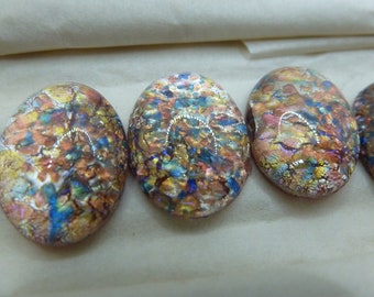 Subtly Beautiful!!! 2 Czechoslovakian 18 x 13mm Tan Peach Pink Blue Glass Harlequin Cabs Stone Jewels C7