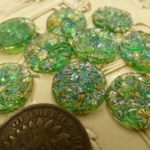 2 Amazing RARE Vintage Green Relief Rose Flower, Foil Dragon's Breath Blue Flash Glass Cab Cabochons, approx 12.8 mm in Diameter C49 image 5