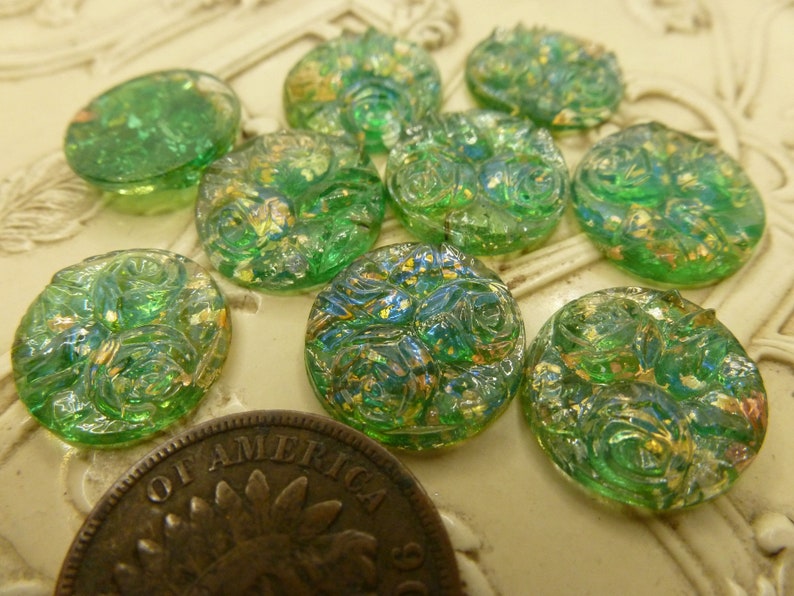 2 Amazing RARE Vintage Green Relief Rose Flower, Foil Dragon's Breath Blue Flash Glass Cab Cabochons, approx 12.8 mm in Diameter C49 image 5