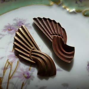 Large Vintage Stampings, 1940s Art Deco Style Ribbed Flourish Unplated Raw Brass Jewelry Findings or Embellishments, 62x21mm, 2 pcs. (C23)