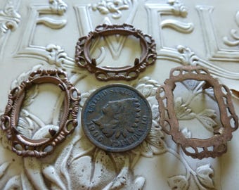 2 Vintage Brass Die Struck w/Prong Settings, Nouveau Brass Finding, approx 26 x 21mm, 16 x 14mm Opening, Oval Setting 2 pcs Gbin