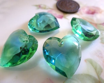 2 Vintage 1940s Emerald/Sapphire Sabrina, Two Tone Glass Heart Pendants, Heart Drop, Top Drilled, Flat Surface, 18x17mm, 2 pieces