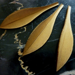 Vintage Brass Leaves, 1950s Slender Textured Leaf Stampings, Dapped Jewelry Findings or Embellishments, 40x9mm (appr. 1.5&quot;), 3 pcs. (C18)