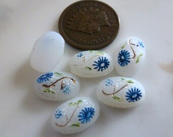 6 White Blue Painted Flower Cab Stones, 12x8mm, C37